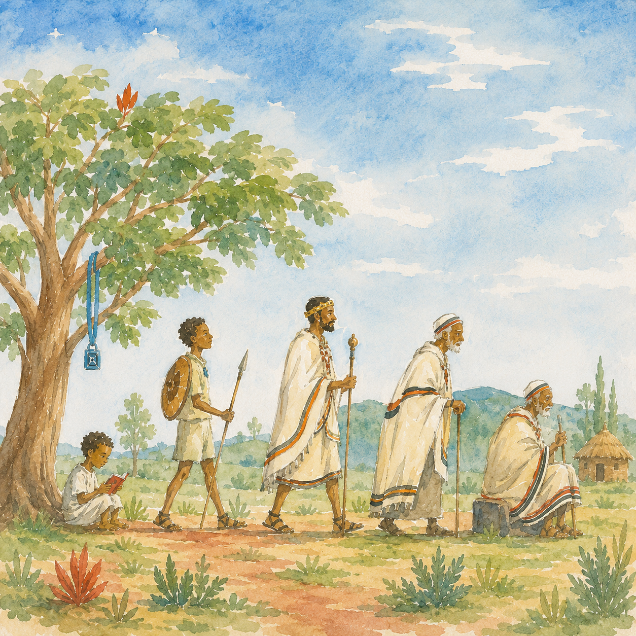 Illustration of the five Gadaa life stages beneath the Odaa tree.